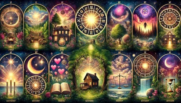 Astroloji temalı satürnün evlerini simgeleyen illüstrasyon