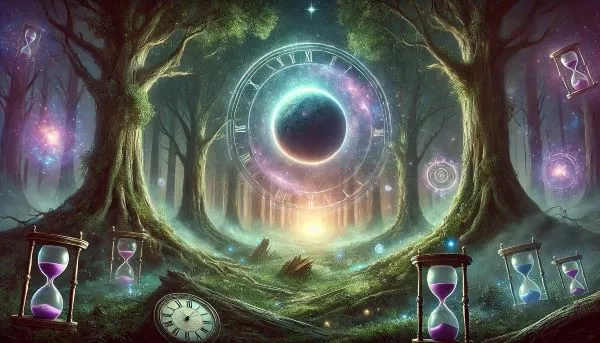 Arka planda orman olan Merkür gezegenini gösteren mistik tarzda illüstrasyon