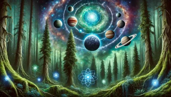 Orman arka planda, merkür ve diğer gezegenler olan illüstrasyon